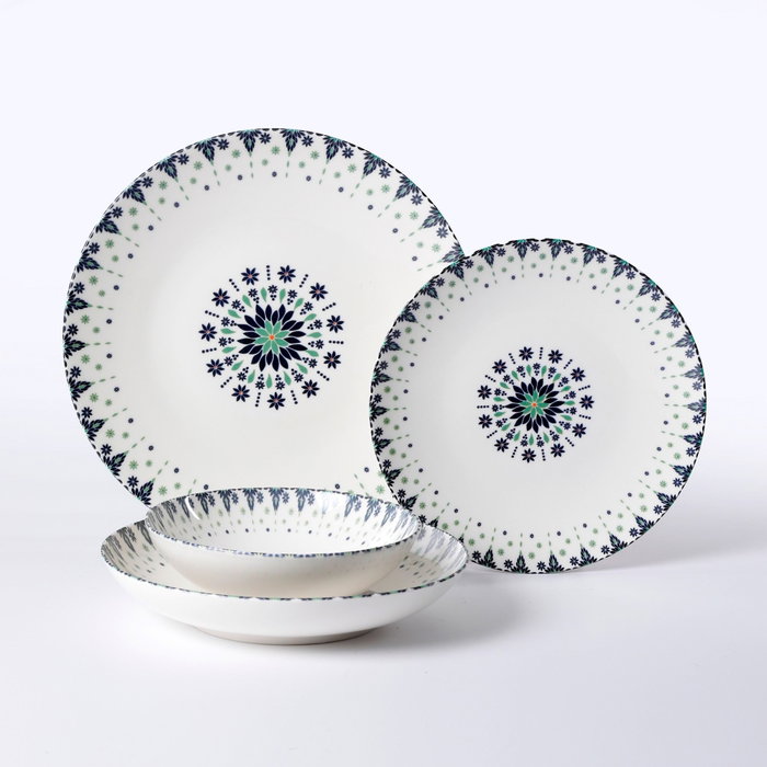 Hermia Vajilla de Porcelana de 24 Piezas en Blanco, Azul, Verde y Negro